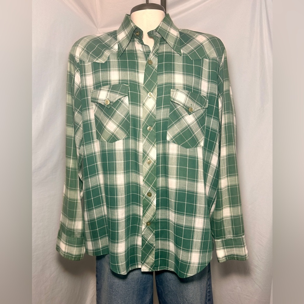 Men’s Green Plaid Western Button Down  Shirt XL Fit Ranch Casual